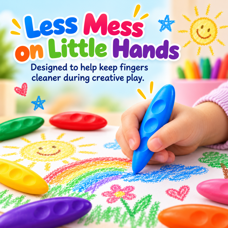 A child gripping a blue peanut-shaped crayon with clean fingers while drawing
