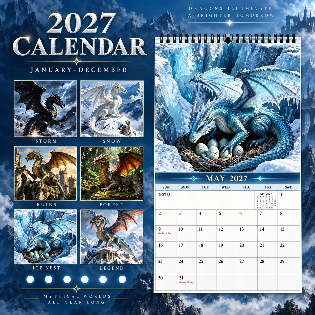 🐉Dragons 2027 Wall Calendar – 12-Month Epic Fantasy Dragon Calendar, Mystical Legendary Art Hanging Planner for Dragon Lovers