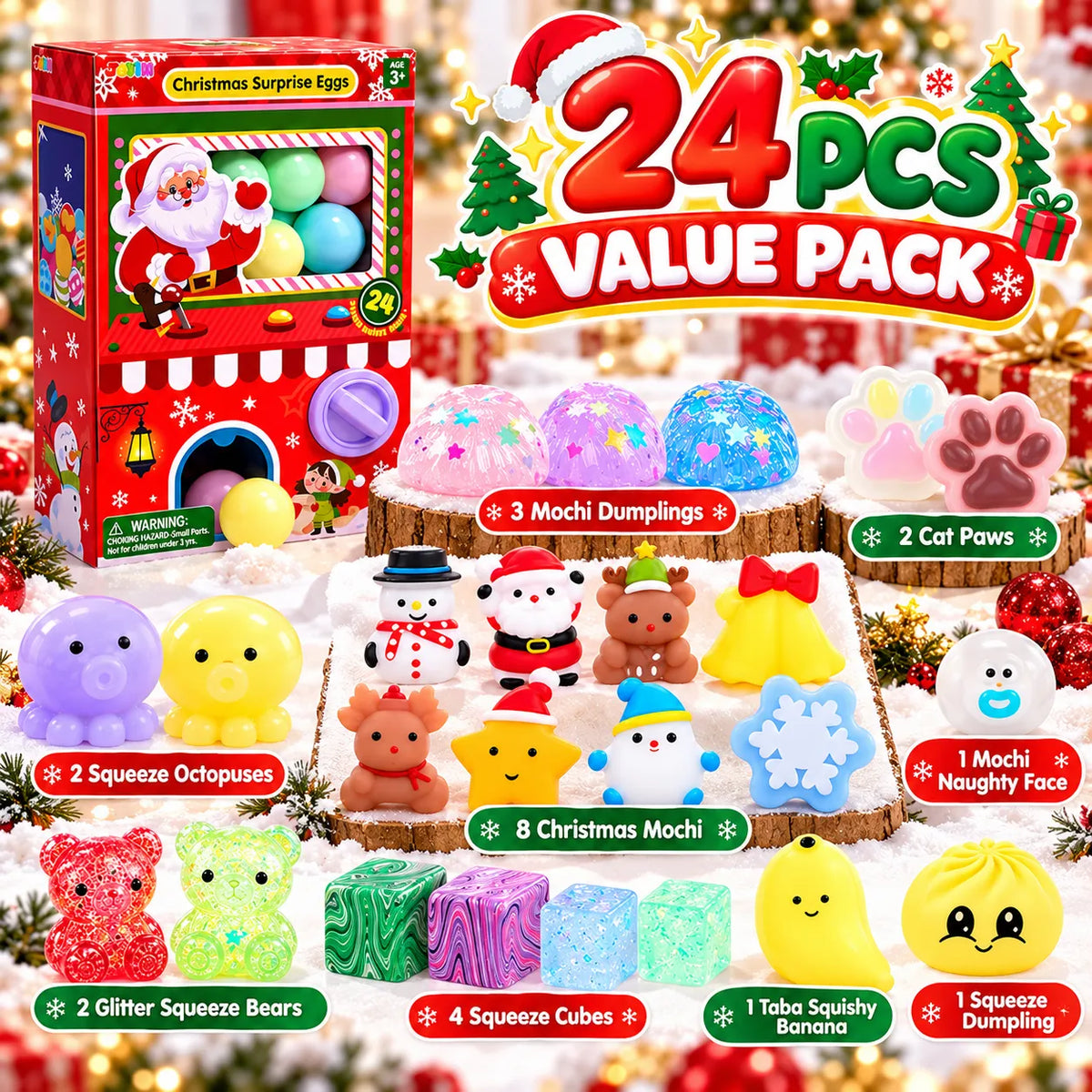 24-Day Christmas Gachapon Squishy Advent Calendar – 24 Surprise Capsule Sensory Toys with Twist-to-Dispense Machine Box