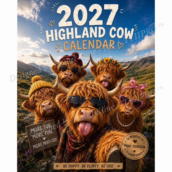 2027 Funny Highland Cow Wall Calendar A4 Hanging Calendar