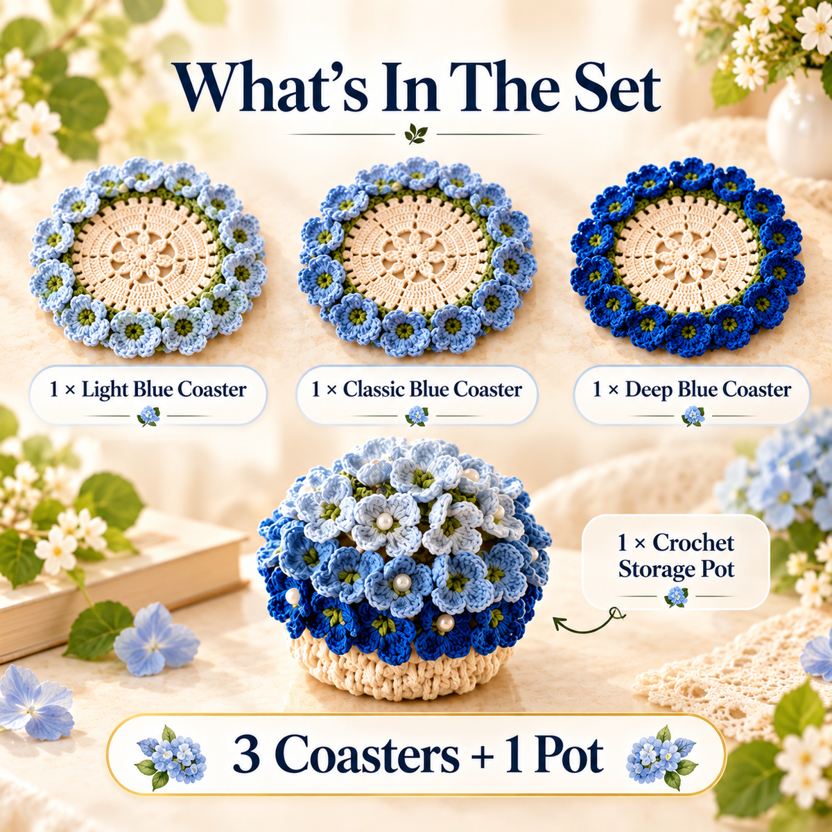 🌸Blue Hydrangea Crochet Coaster Set with Pot