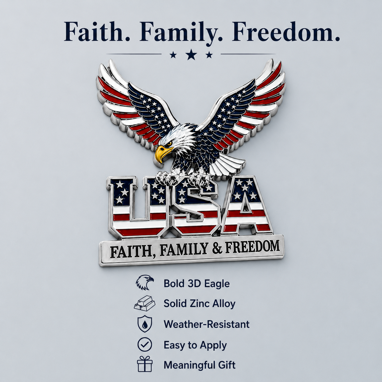 🔥Hot Sale 43% OFF 🎁3D Patriotic Eagle USA Car Emblem || Faith, Family & Freedom Metal Badge