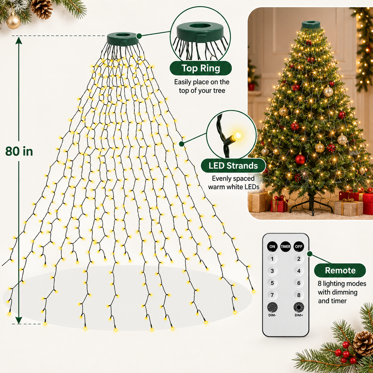 🎄 LED Christmas Tree Lights – 8-Mode Cascading Firefly String Lights (80 in)