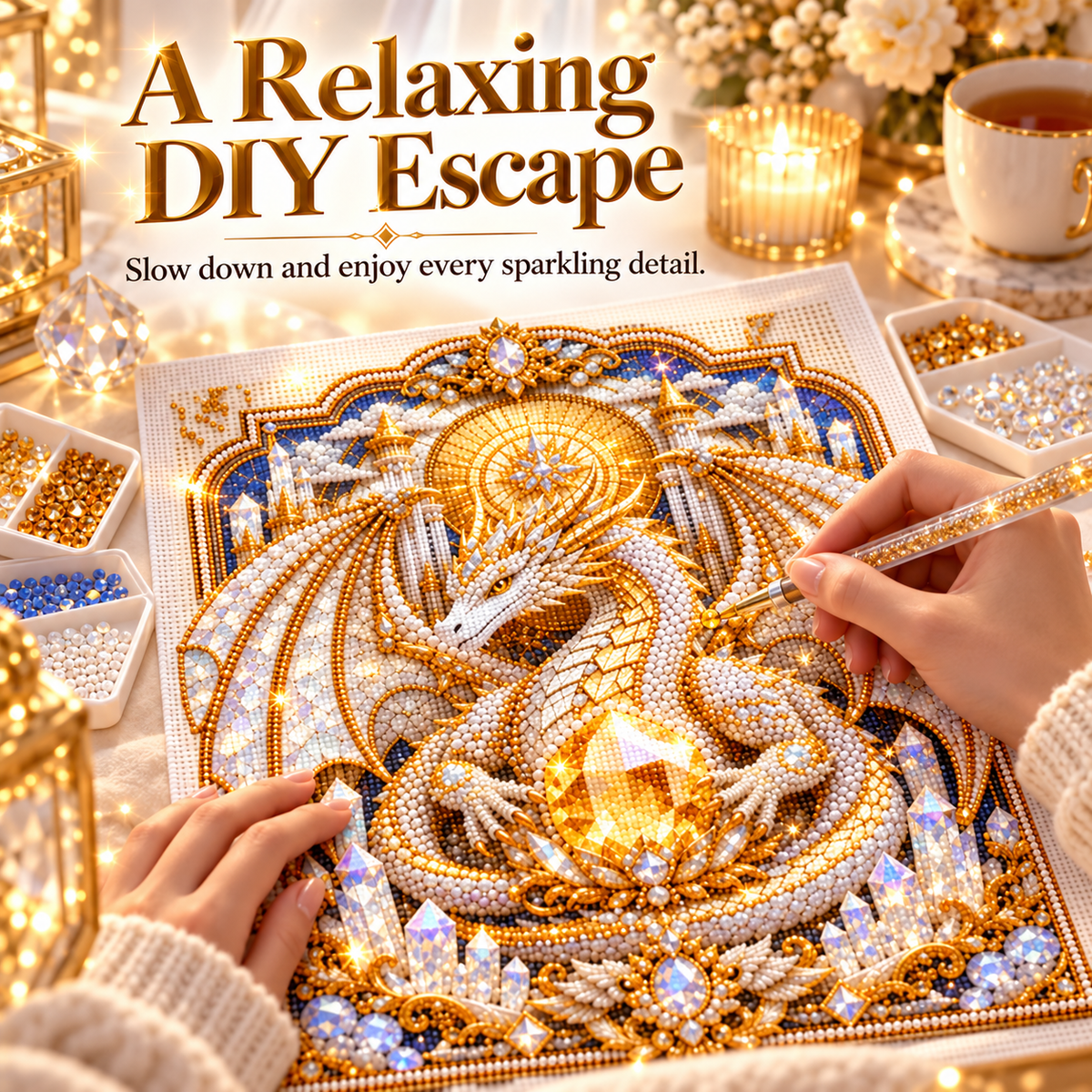 🐉 Dragon Diamond Painting Kit – Holy Guardian Crystal Pearl DIY Fantasy Wall Art
