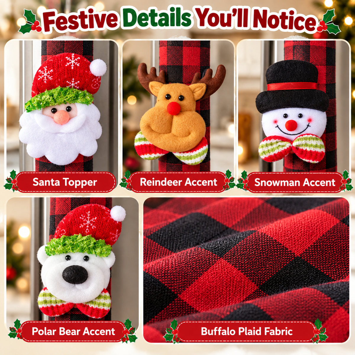 🎄 Christmas Refrigerator Handle Covers – Festive 4-Piece Buffalo Plaid Set