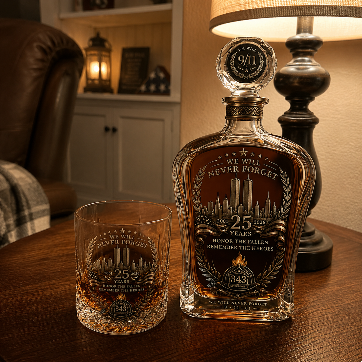 ๐ฏ๏ธ 9/11 25th Anniversary Memorial Whiskey Decanter & Glass Gift Set โ We Will Never Forget 343 Heroes Tribute