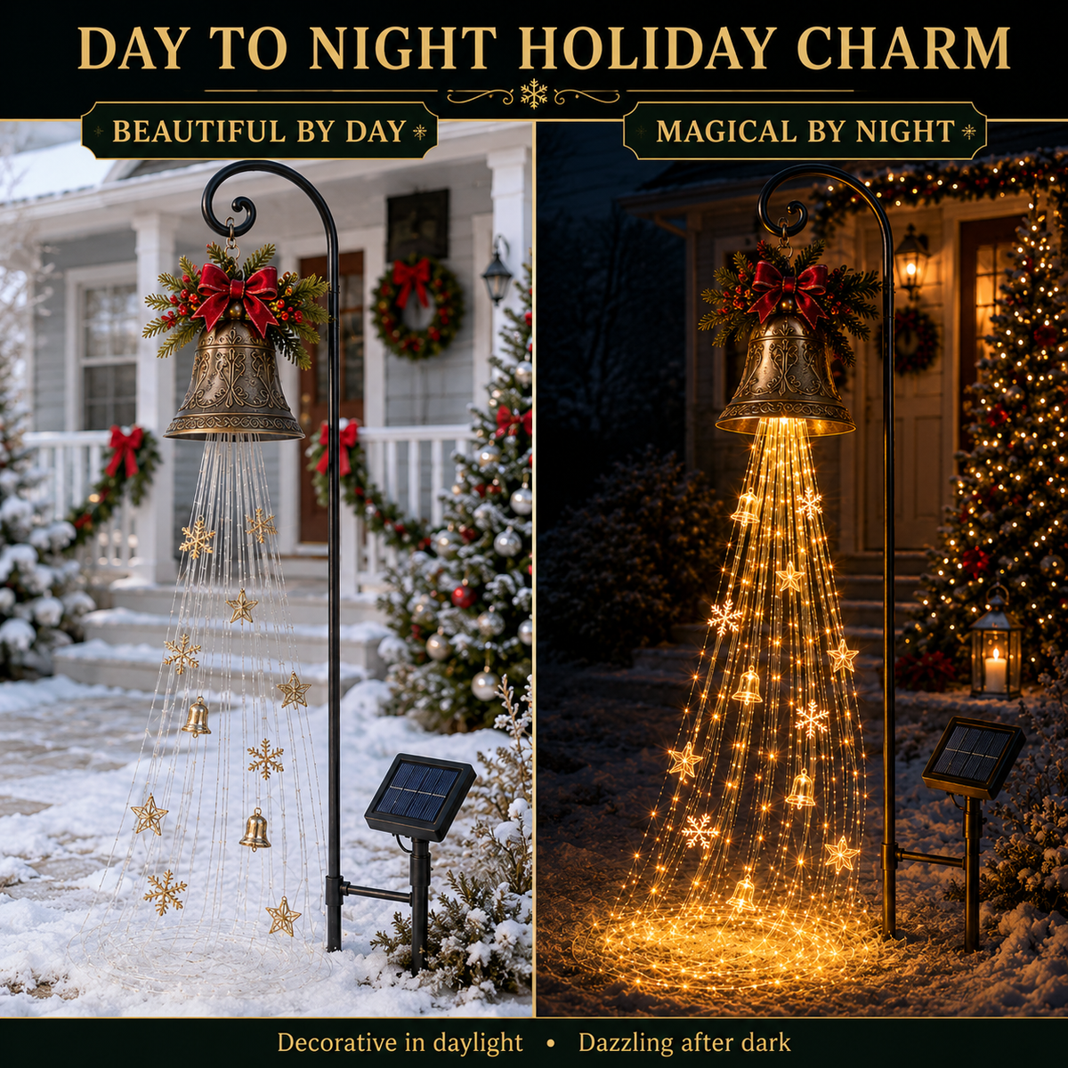 Christmas Bell Cascade solar yard light - day and night comparison