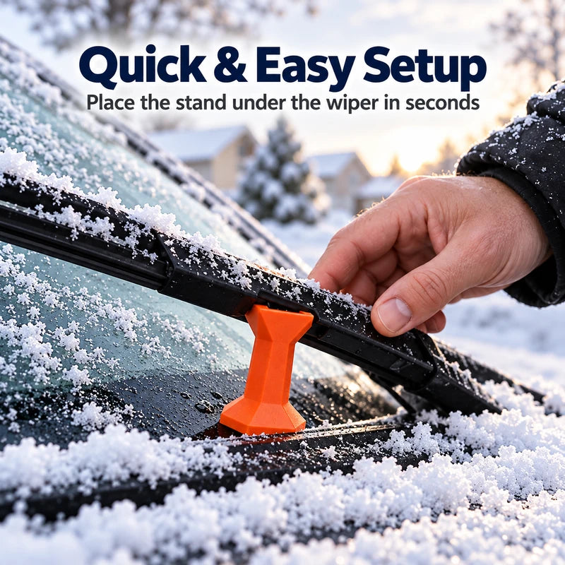 Hand positioning an orange wiper stand beneath a windshield wiper