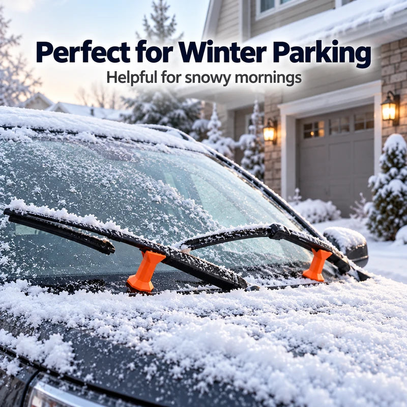 Parked car outside a snowy home with windshield wipers supported by orange stands
