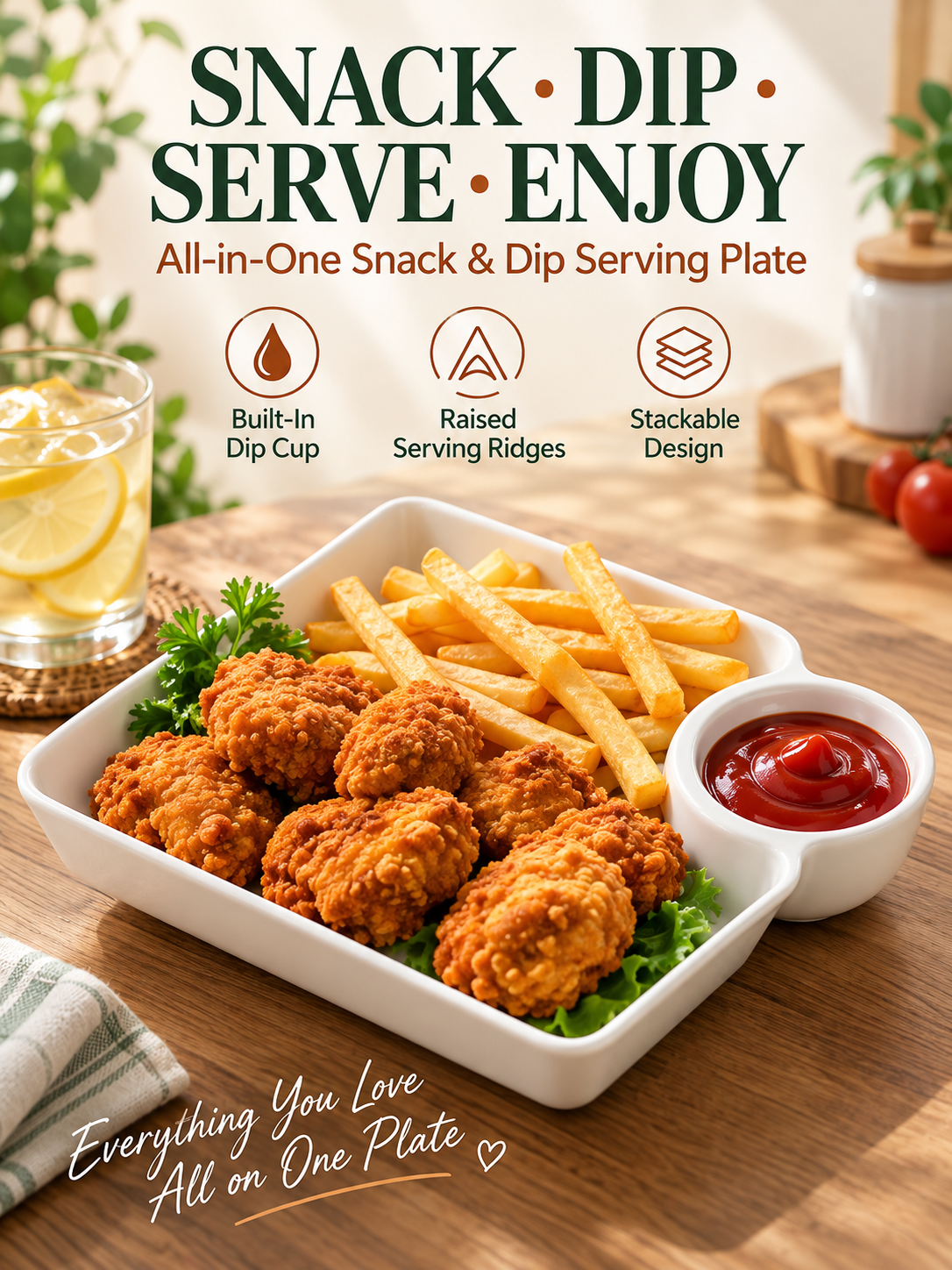 🍟 All-in-One Snack & Dip Serving Plate – Built-In Sauce Cup & Stackable Design