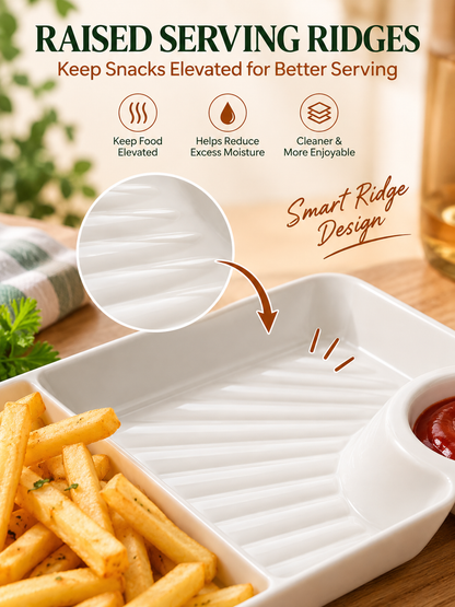 🍟 All-in-One Snack & Dip Serving Plate – Built-In Sauce Cup & Stackable Design