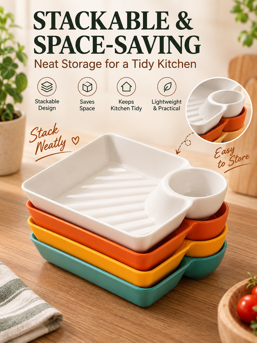 🍟 All-in-One Snack & Dip Serving Plate – Built-In Sauce Cup & Stackable Design