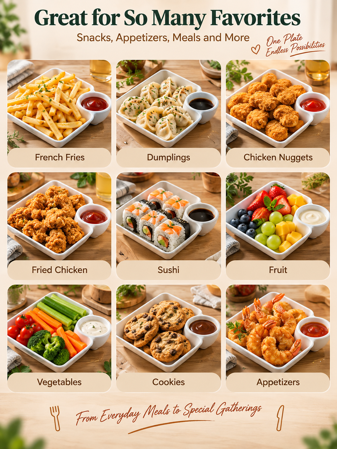 🍟 All-in-One Snack & Dip Serving Plate – Built-In Sauce Cup & Stackable Design