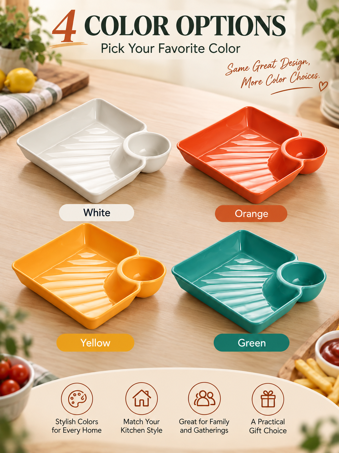 🍟 All-in-One Snack & Dip Serving Plate – Built-In Sauce Cup & Stackable Design