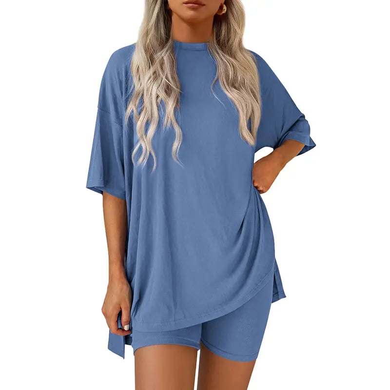 🔥Last Day 60% OFF🔥Crewneck Two-Piece Set For Women Summer Casual Oversized Split Hem Shirts