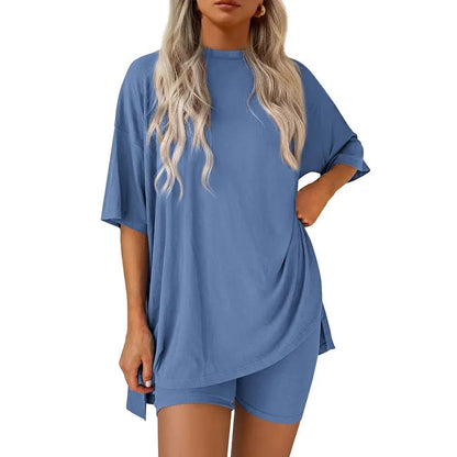 🔥Last Day 60% OFF🔥Crewneck Two-Piece Set For Women Summer Casual Oversized Split Hem Shirts
