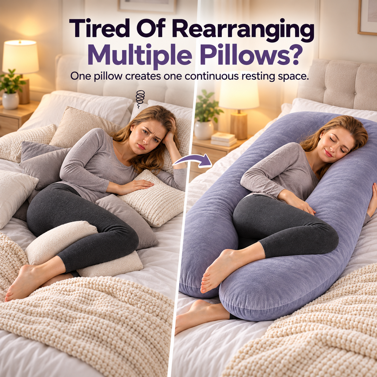 Multiple pillows compared with one U-shaped full body pillow