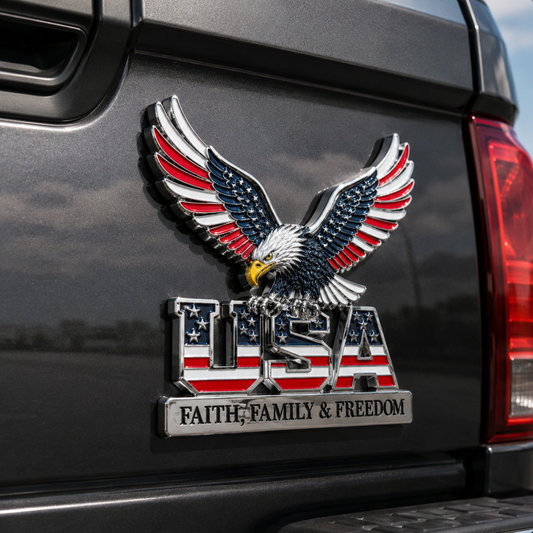 🔥Hot Sale 43% OFF 🎁3D Patriotic Eagle USA Car Emblem || Faith, Family & Freedom Metal Badge