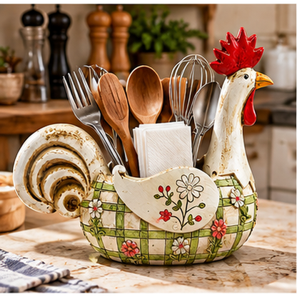 🐓 Rustic Farmhouse Rooster Cutlery Holder