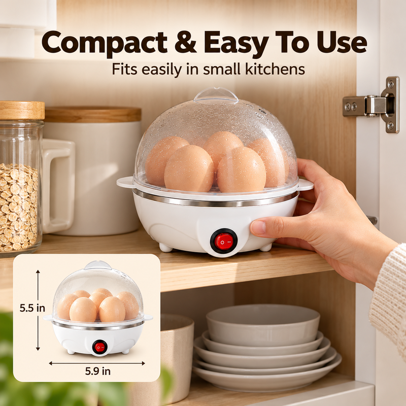 Compact mini egg cooker stored in a small kitchen cabinet