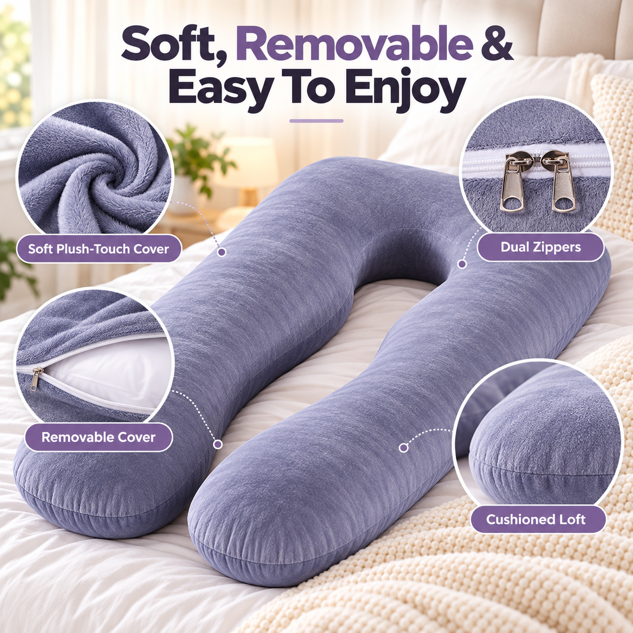 Soft fabric dual zipper and removable pillow cover details