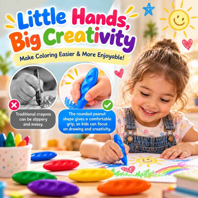 Happy young child drawing a colorful picture with a peanut-shaped crayon