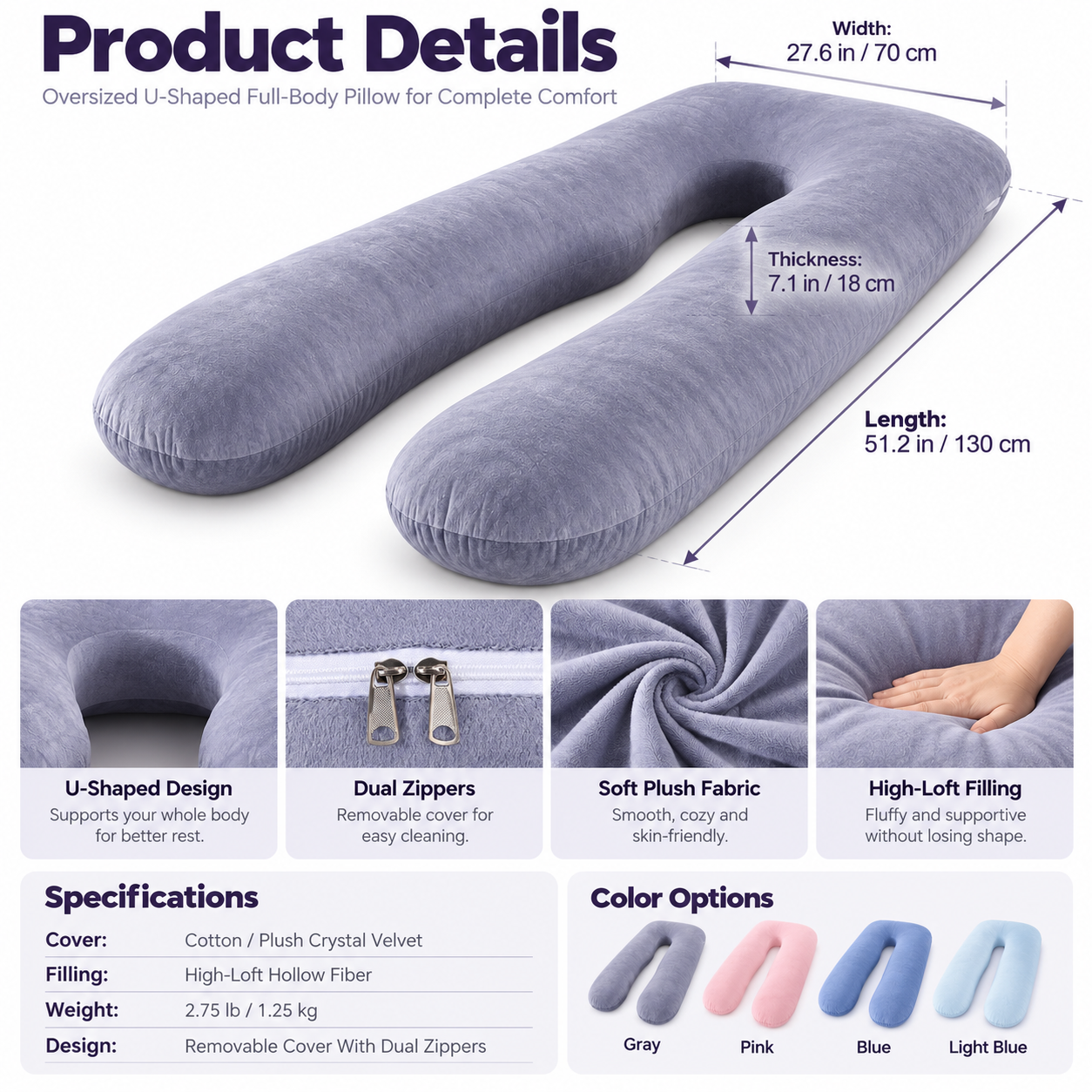 Full-body pillow size material and color details