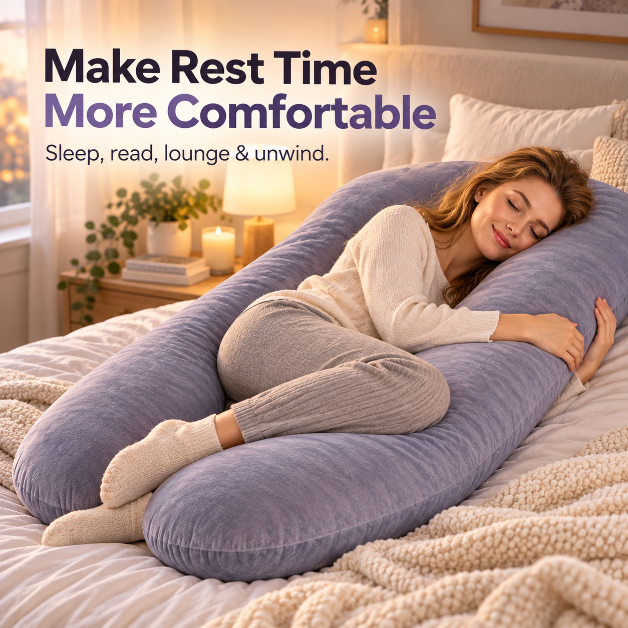 Relaxing with oversized U-shaped full body pillow