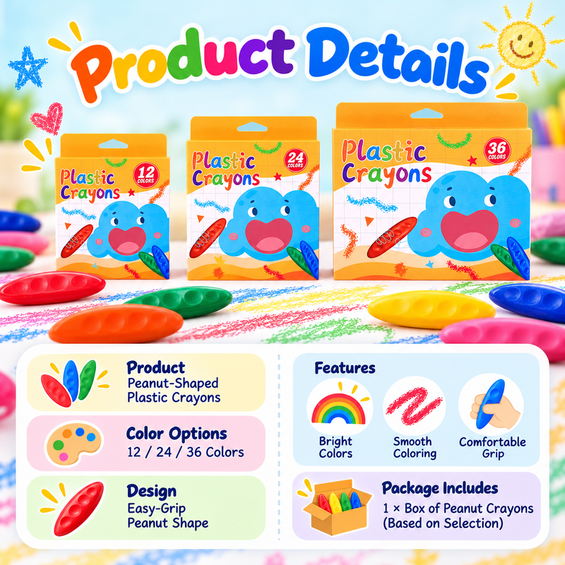 Product details graphic showing 12, 24 and 36 color crayon box options