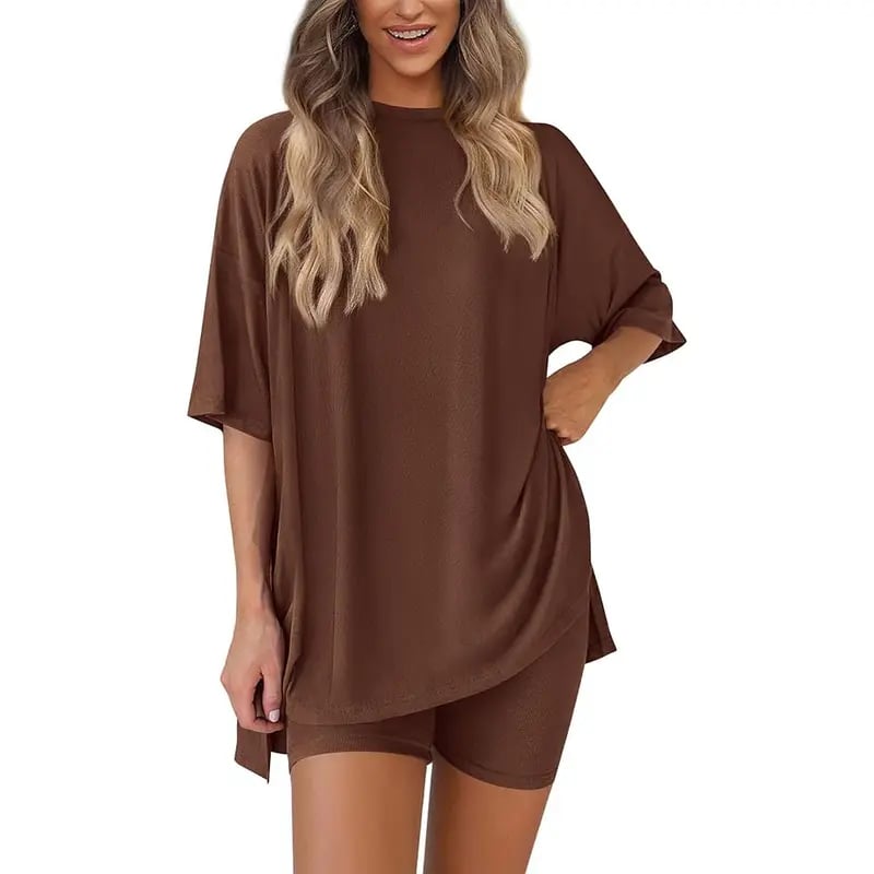 🔥Last Day 60% OFF🔥Crewneck Two-Piece Set For Women Summer Casual Oversized Split Hem Shirts