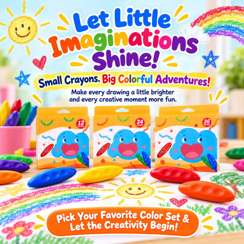 Final presentation of peanut-shaped plastic crayons in 12, 24 and 36 colors