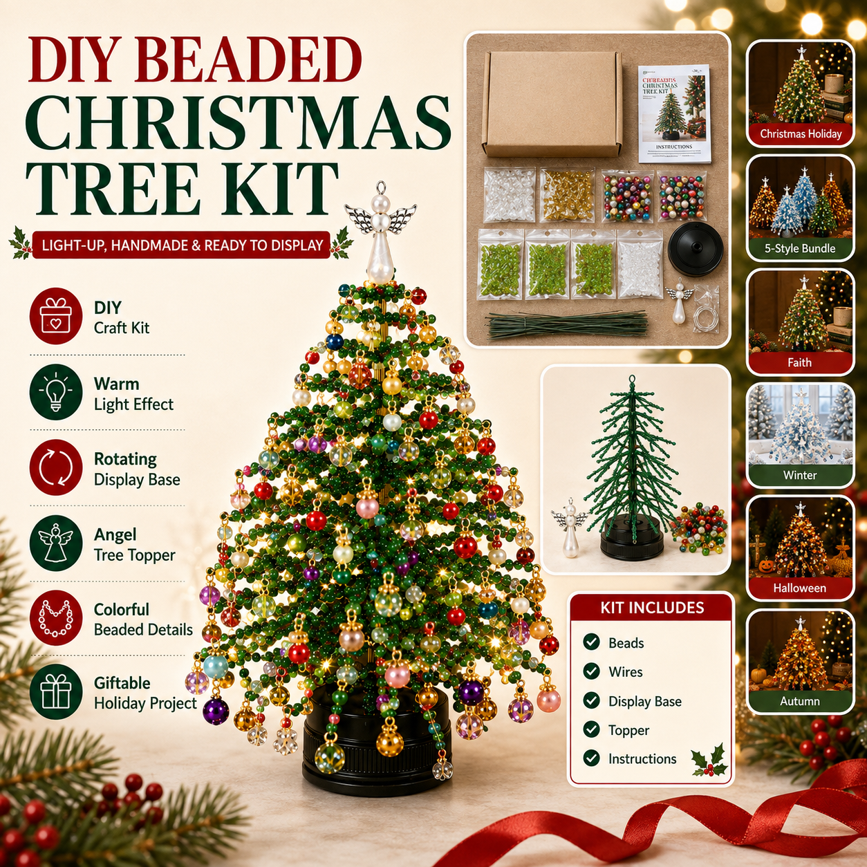🔥 LIMITED-TIME 50% OFF——DIY Beaded Christmas Tree Kit – Light-Up Rotating Tabletop Holiday Decor