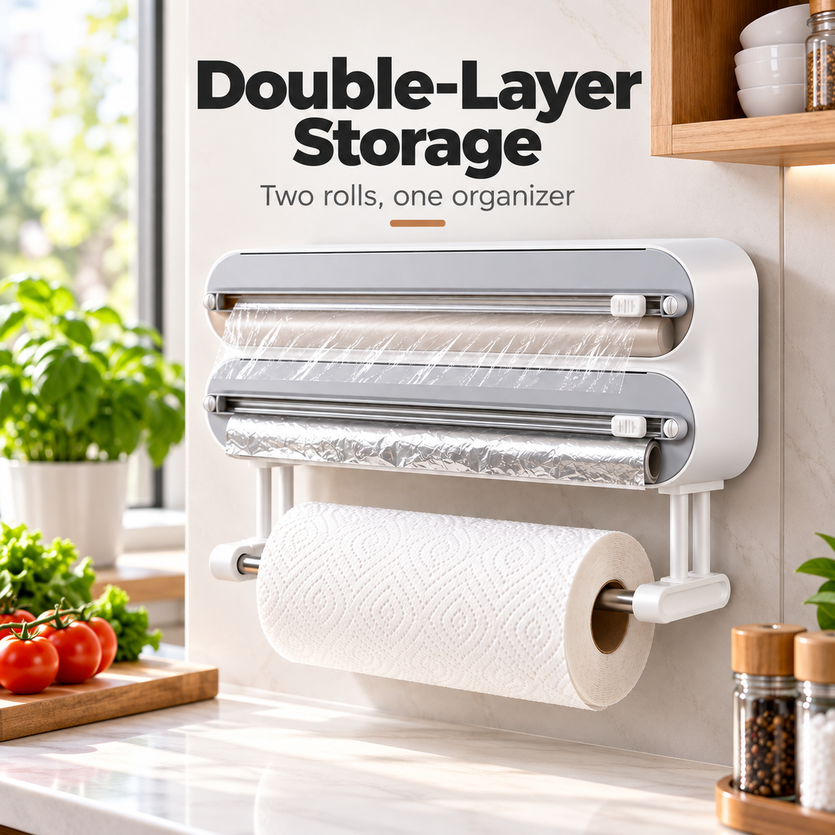 Double-Layer Kitchen Wrap Dispenser &amp; Cutter