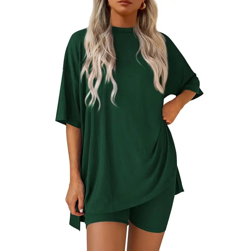 🔥Last Day 60% OFF🔥Crewneck Two-Piece Set For Women Summer Casual Oversized Split Hem Shirts