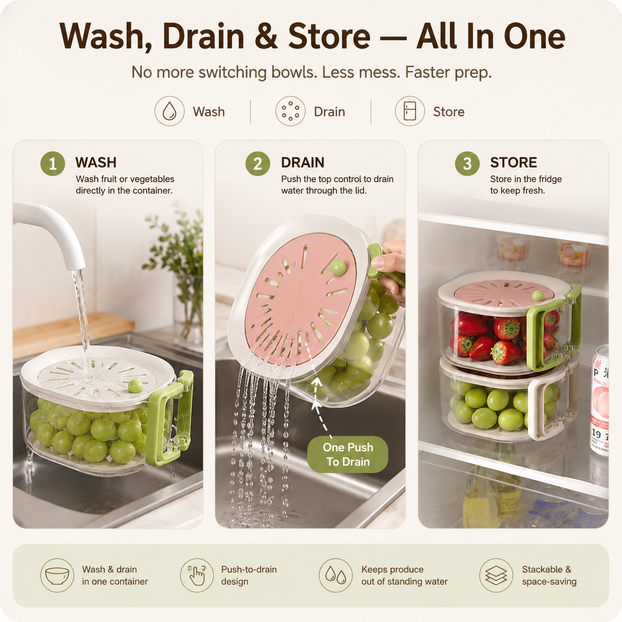 🔥 50% Off Limited Time ——Multi-Function Fruit & Vegetable Wash & Drain Box 🍇 WASH. DRAIN. STORE — ALL IN ONE.