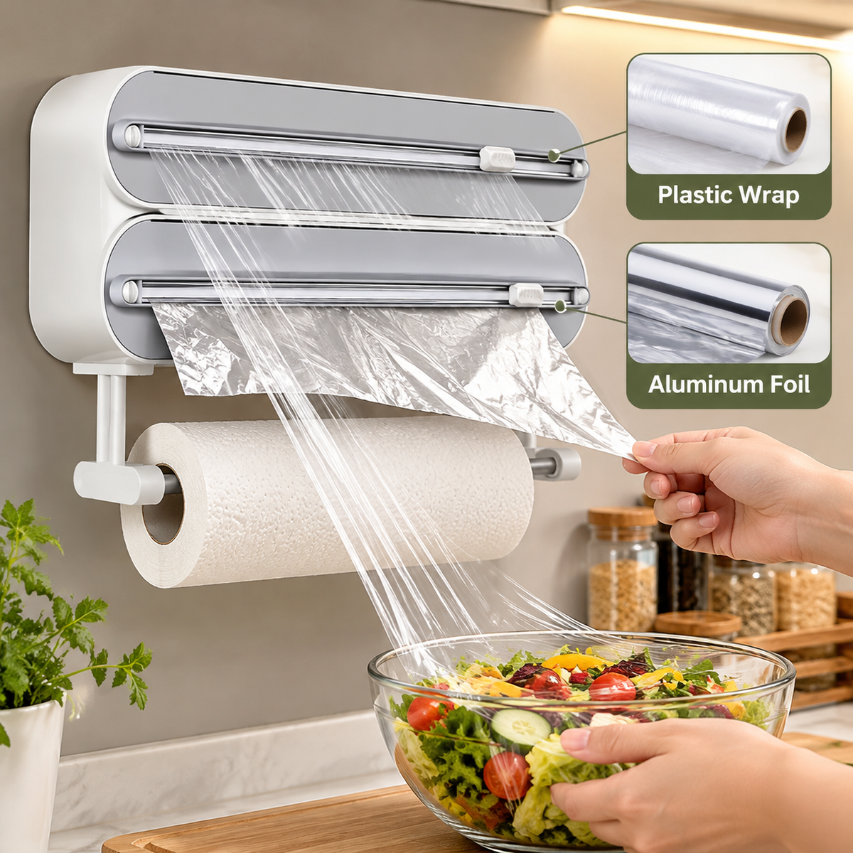 Double-Layer Kitchen Wrap Dispenser &amp; Cutter