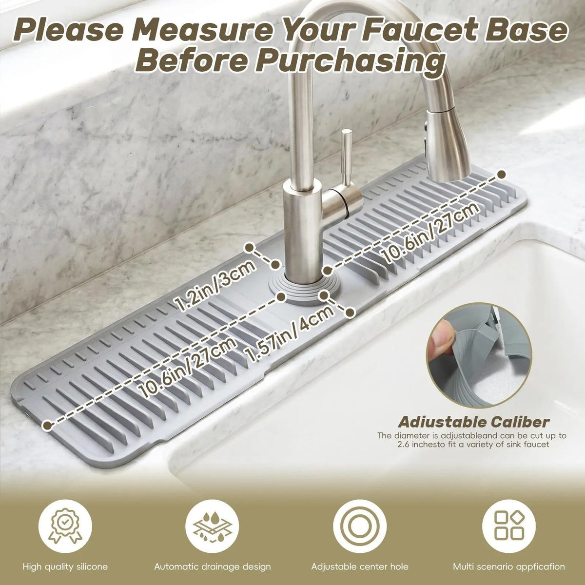 Light gray silicone faucet splash guard mat showing fit and faucet-base measurements