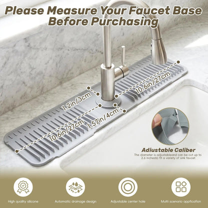 Light gray silicone faucet splash guard mat showing fit and faucet-base measurements