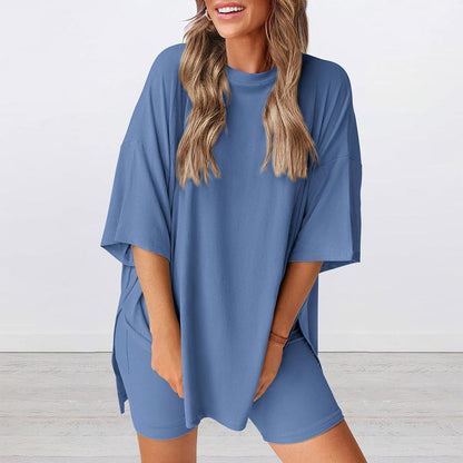 🔥Last Day 60% OFF🔥Crewneck Two-Piece Set For Women Summer Casual Oversized Split Hem Shirts