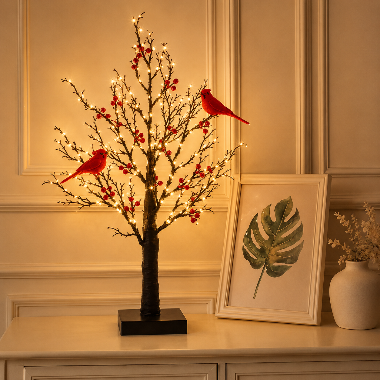 Cardinal tree glowing on a white console table beside framed botanical artwork and a decorative vase