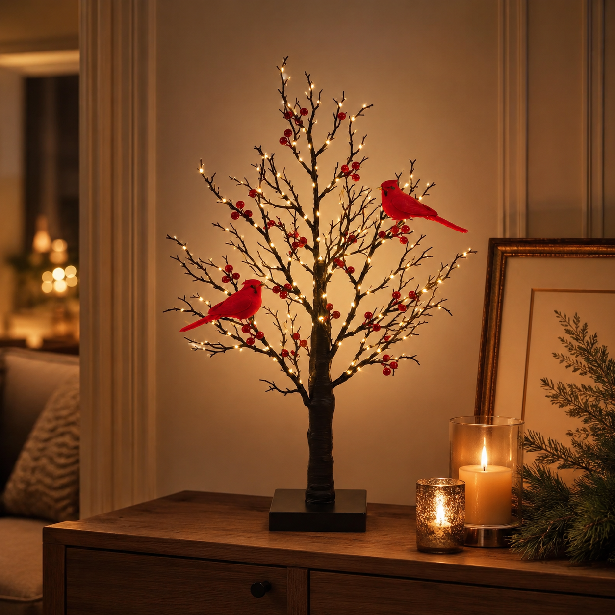Vintage glowing cardinal tree with two bright red birds, berry-filled branches and warm lights displayed on a cozy Christmas console beside candles