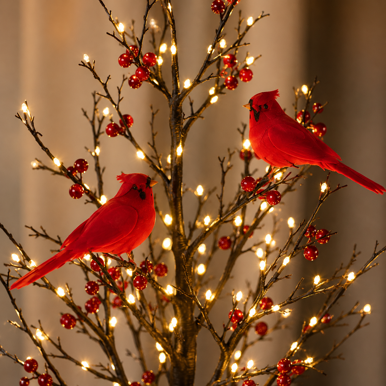 Close-up of two vivid red cardinal birds perched among dark branches, glossy red berries and warm glowing points of light