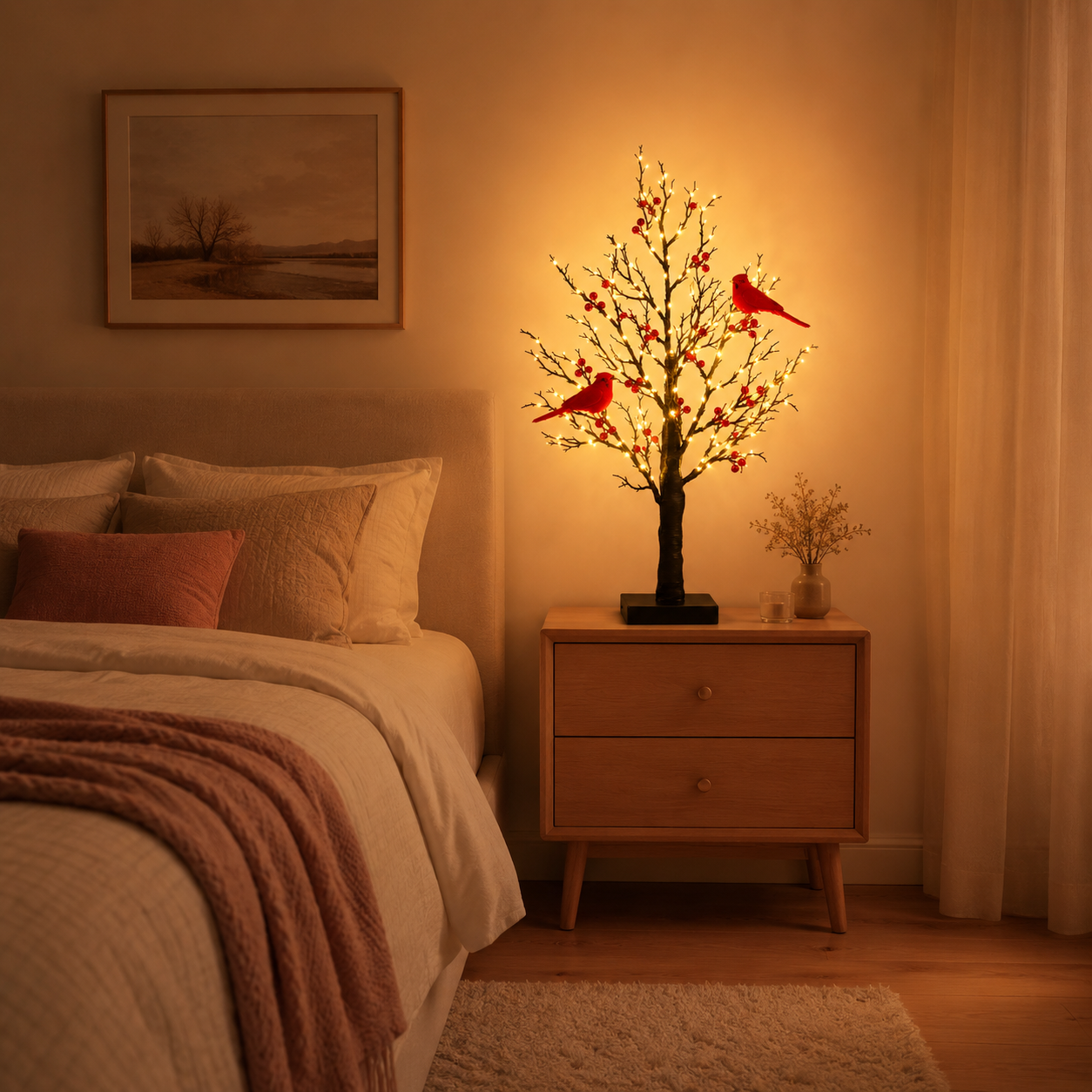 Warmly illuminated cardinal tree on a bedroom nightstand beside a softly made bed with neutral pillows and blankets