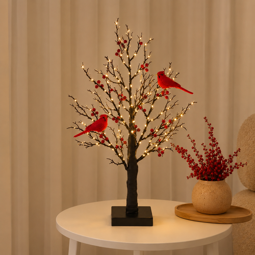 🐦Vintage Glowing Cardinal Tree with Electric Cardinal & Berries