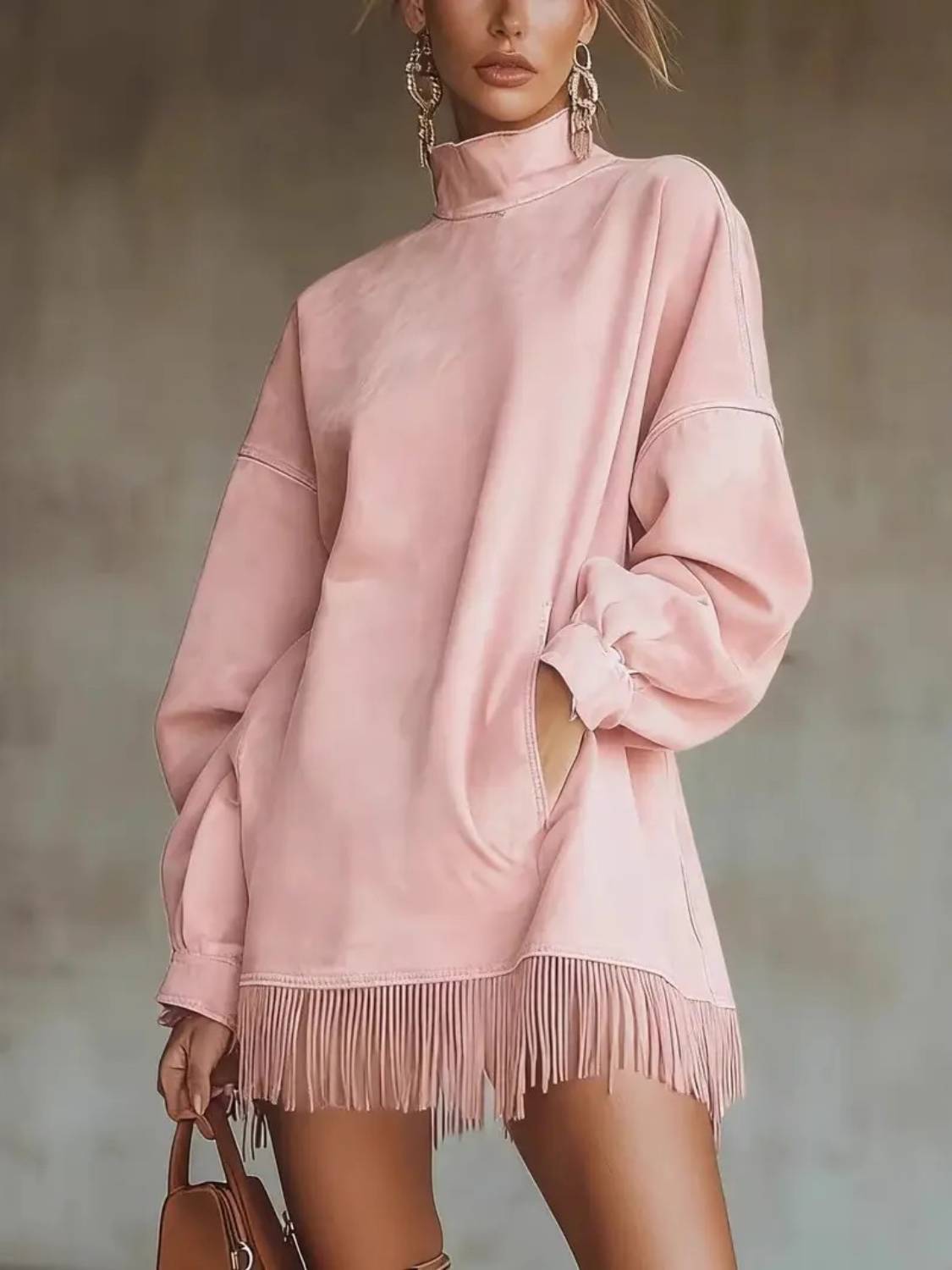 Women's High Neck Oversized Fringe Sweatshirt Dress with Side Pockets - Pink