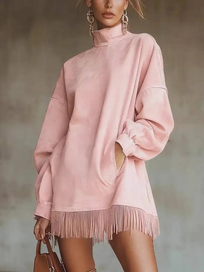 Women's High Neck Oversized Fringe Sweatshirt Dress with Side Pockets - Pink