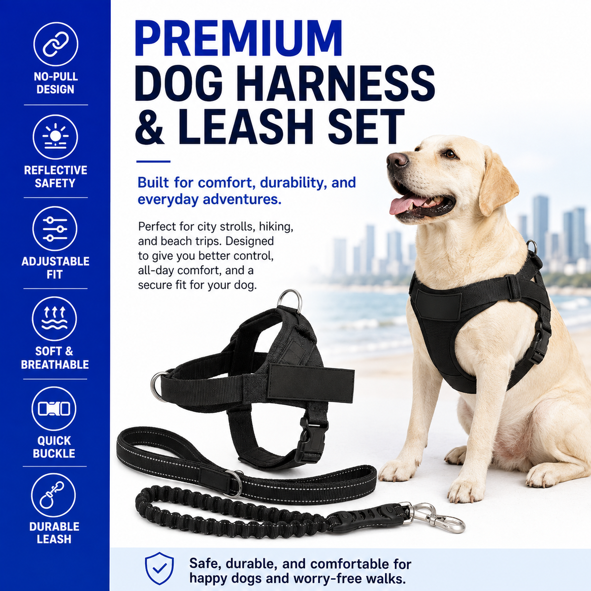 No-Pull Dog Harness & Leash Set – Breathable Adjustable Harness with 120 cm Leash