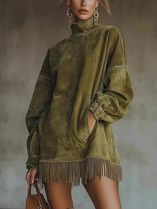 Women's High Neck Oversized Fringe Sweatshirt Dress with Side Pockets - Army Green