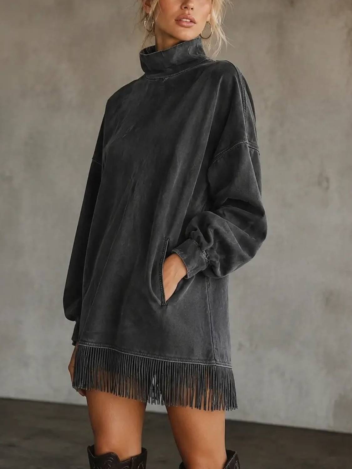 Women's High Neck Oversized Fringe Sweatshirt Dress with Side Pockets - Product image 8