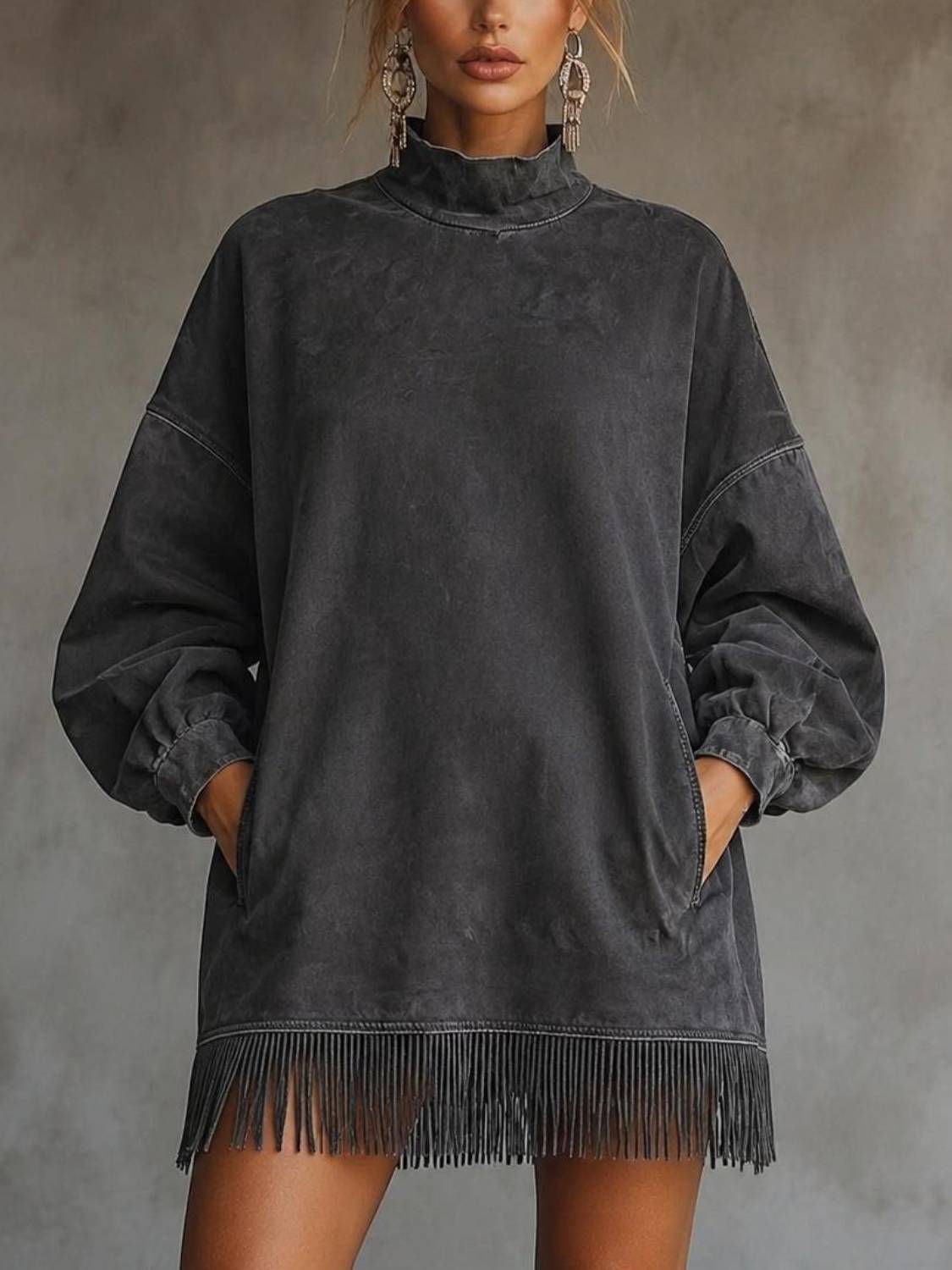 Women's High Neck Oversized Fringe Sweatshirt Dress with Side Pockets - Product image 7